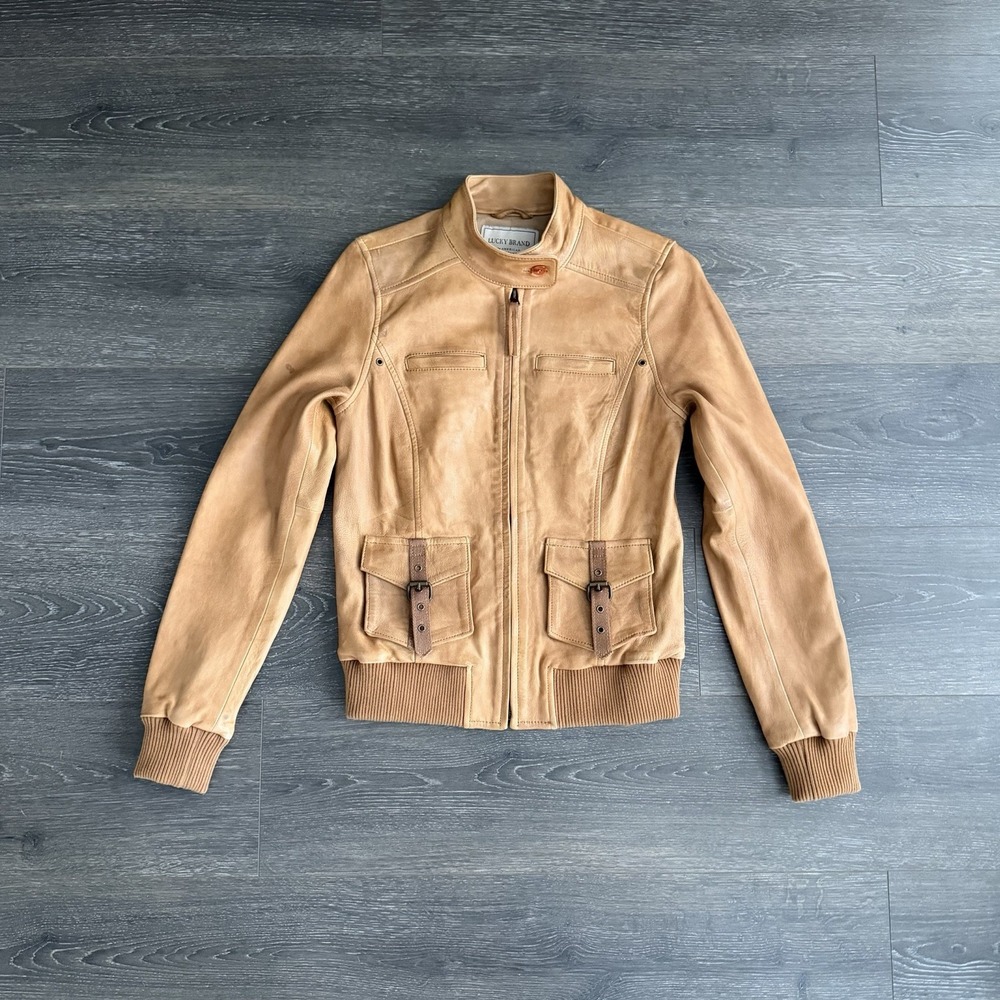 Lucky Brand Leather Jacket Womens Small Soft Worn Lambskin Y2K Cognac Moto 90s - Picture 1 of 9